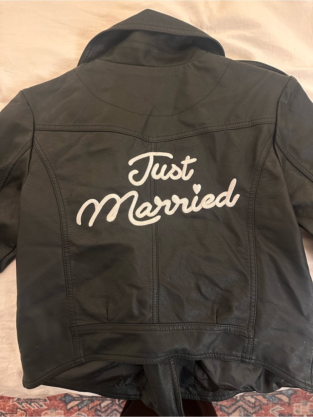 CUSTOM JUST MARRIED Classic Black Leather Moto Jacket Size S